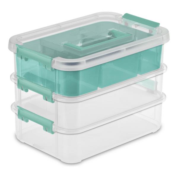 Clear Base w/ Colored Handle Latches and Tint Tray 6-Pack Sterilite 14138606 Stack & Carry 3 Layer Handle Box & Tray