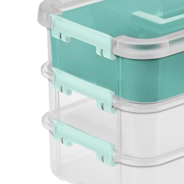 Latches and Tint Tray Clear Base w/ Colored Handle 6-Pack Sterilite 14138606 Stack & Carry 3 Layer Handle Box & Tray