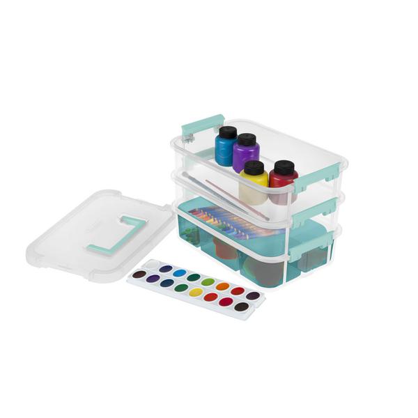 6-Pack Clear Base w/ Colored Handle Latches and Tint Tray Sterilite 14138606 Stack & Carry 3 Layer Handle Box & Tray